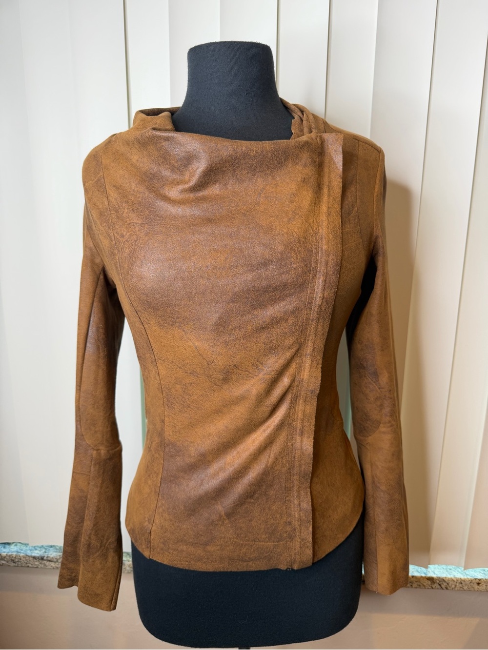 Zara Brown Asymmetric Faux-Leather Front Zipper Closure Jacket Size Small